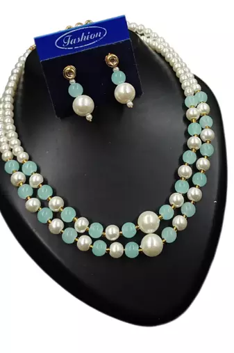 Pista color necklace set with earrings, moti & agate stone, gold plated
