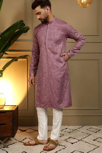 Pink sequence floral silk kurta pyjama set for men | designer kurta for men