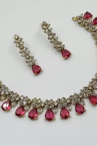 Ruby ad stone & agate stone necklace set with earrings, antique gold plated