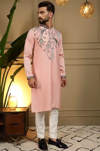 Peach sequence floral viscose silk kurta pyjama set for men | designer kurta for men