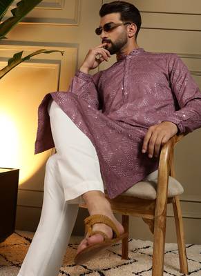 Pink sequence floral silk kurta pyjama set for men | designer kurta for men 4