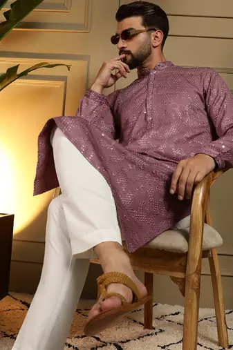 Pink sequence floral silk kurta pyjama set for men | designer kurta for men