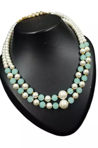Pista color necklace set with earrings, moti & agate stone, gold plated