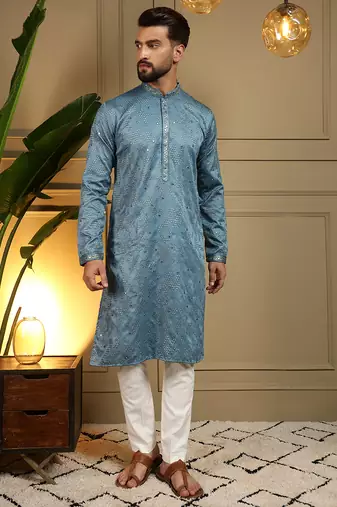 Grey sequence floral silk kurta pyjama set for men | designer kurta for men