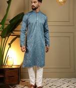 Grey sequence floral silk kurta pyjama set for men | designer kurta for men