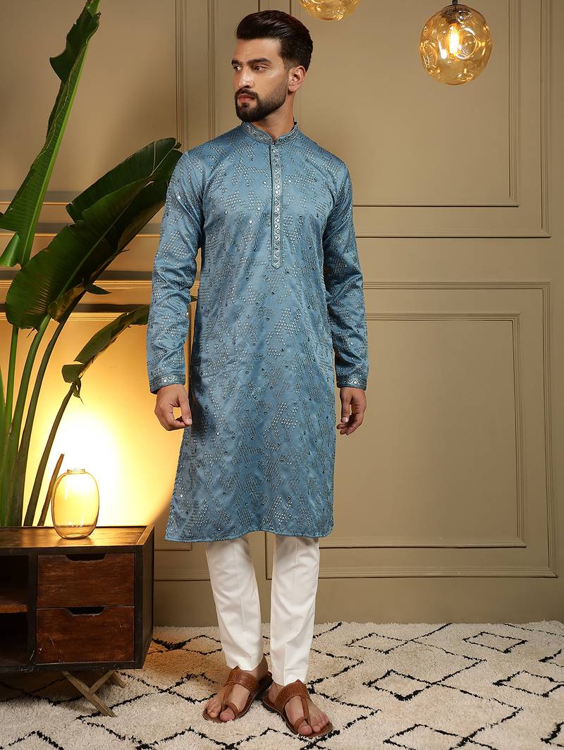 Grey sequence floral silk kurta pyjama set for men | designer kurta for men