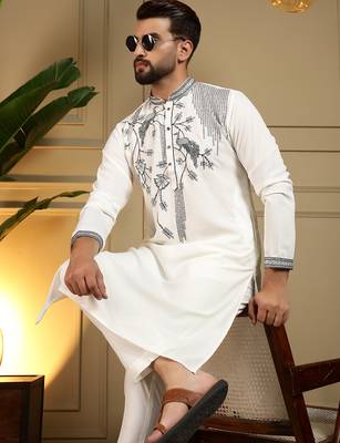 White sequence floral viscose silk kurta pyjama set for men | designer kurta for men 4