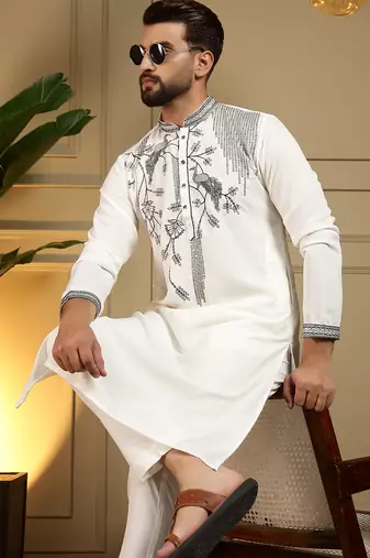 White sequence floral viscose silk kurta pyjama set for men | designer kurta for men