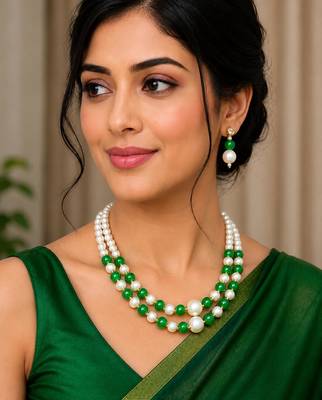 Green color necklace set with earrings, moti & agate stone, gold plated 4