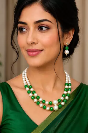 Green color necklace set with earrings, moti & agate stone, gold plated