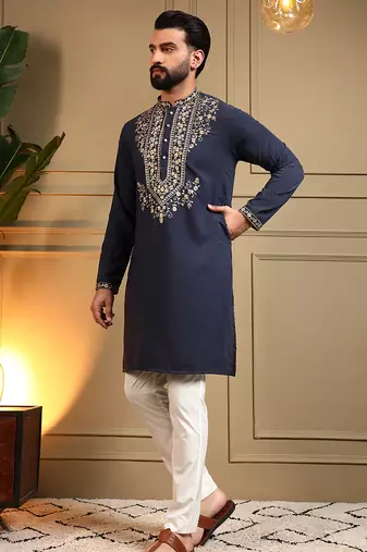 Blue sequence floral armani silk kurta pyjama set for men | designer kurta for men