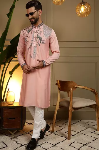 Peach sequence floral viscose silk kurta pyjama set for men | designer kurta for men
