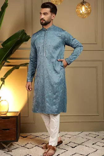 Grey sequence floral silk kurta pyjama set for men | designer kurta for men