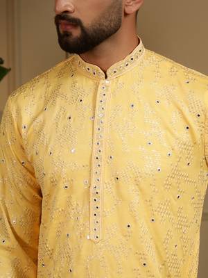 Yellow sequence floral silk kurta pyjama set for men | designer kurta for men 5