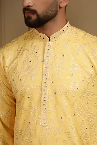 Yellow sequence floral silk kurta pyjama set for men | designer kurta for men