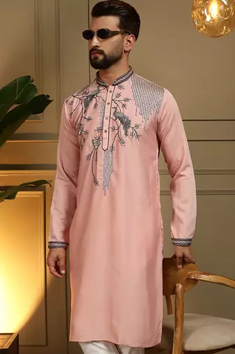 Peach sequence floral viscose silk kurta pyjama set for men | designer kurta for men