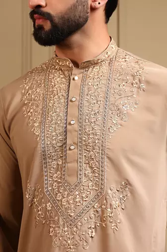 Cream sequence floral armani silk kurta pyjama set for men | designer kurta for men