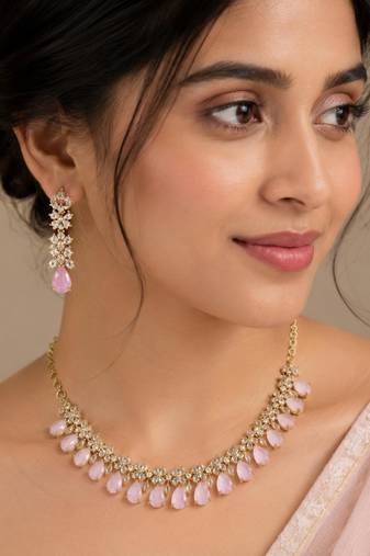 Baby pink ad stone & agate stone necklace set with earrings, antique gold plated