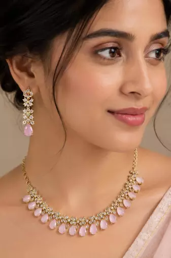 Baby pink ad stone & agate stone necklace set with earrings, antique gold plated