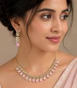 Baby pink ad stone & agate stone necklace set with earrings, antique gold plated