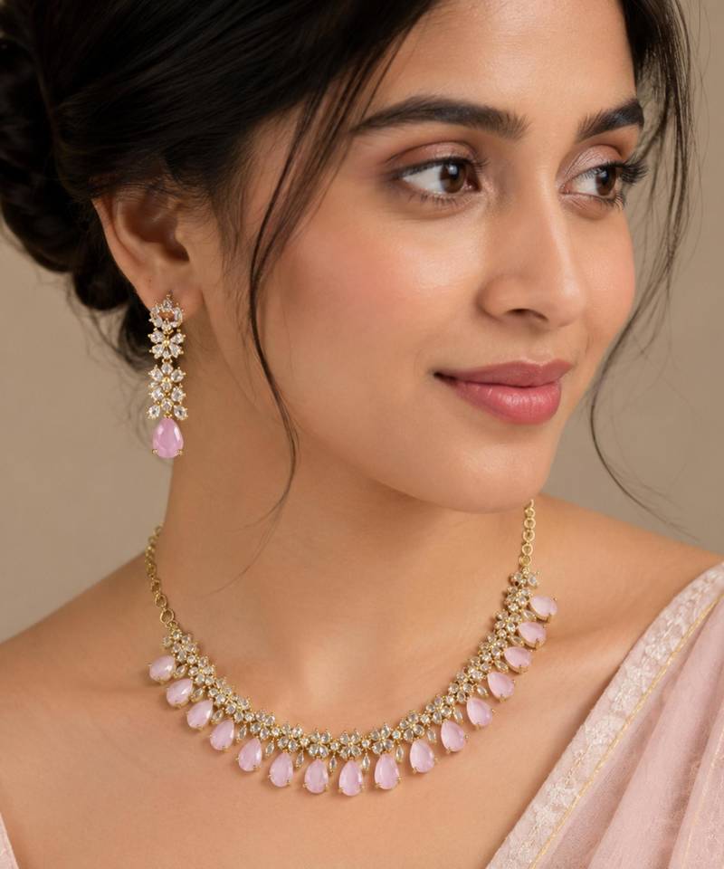 Baby pink ad stone & agate stone necklace set with earrings, antique gold plated