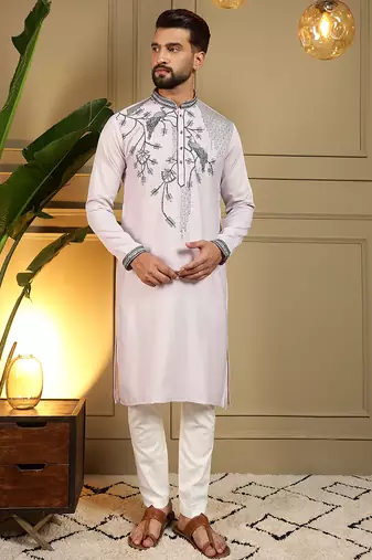 Pink sequence floral viscose silk kurta pyjama set for men | designer kurta for men
