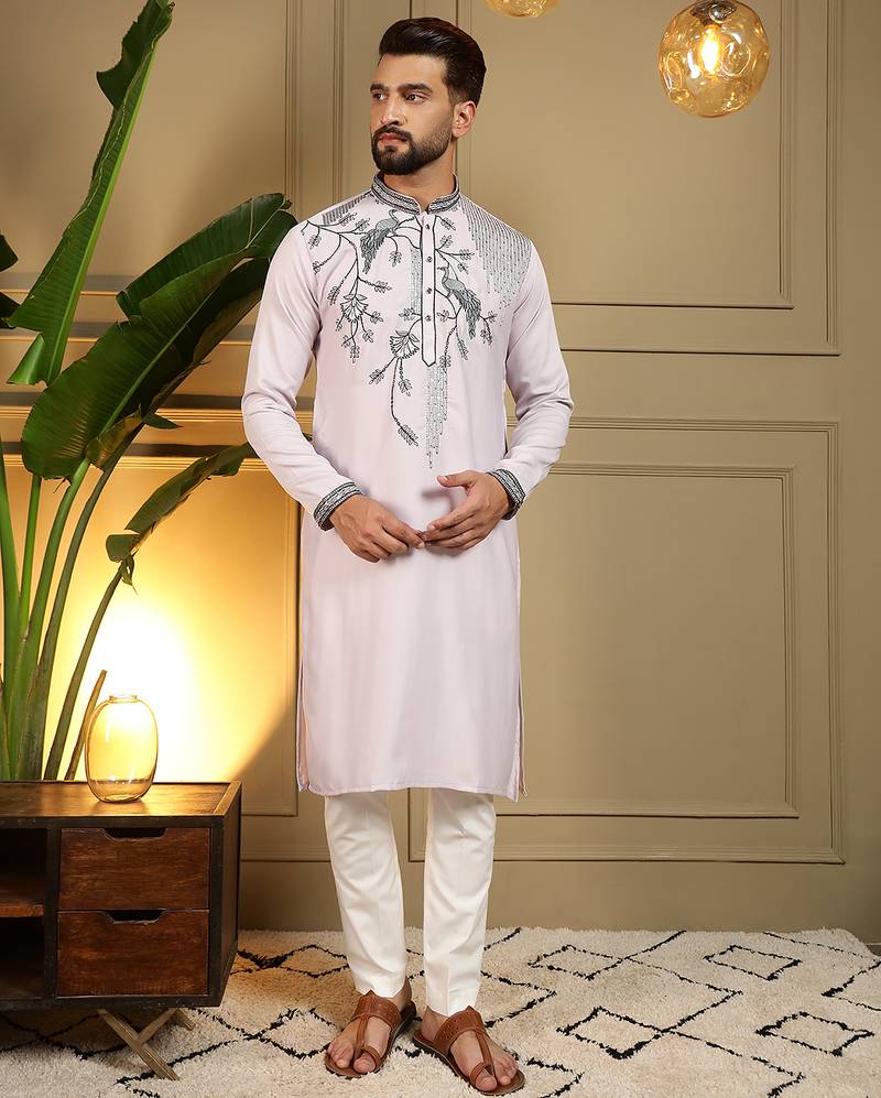 Pink sequence floral viscose silk kurta pyjama set for men | designer kurta for men