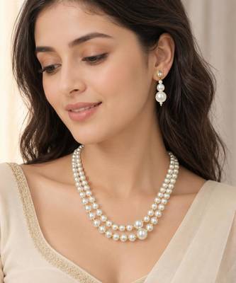 White color necklace set with earrings, moti & agate stone, gold plated 1
