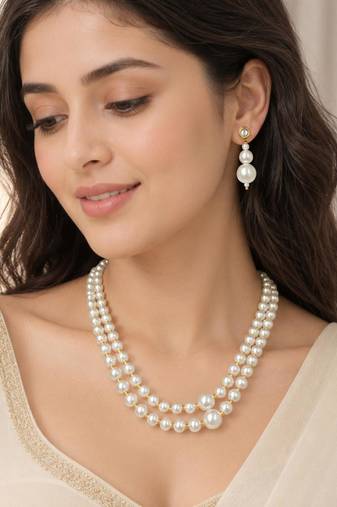 White color necklace set with earrings, moti & agate stone, gold plated