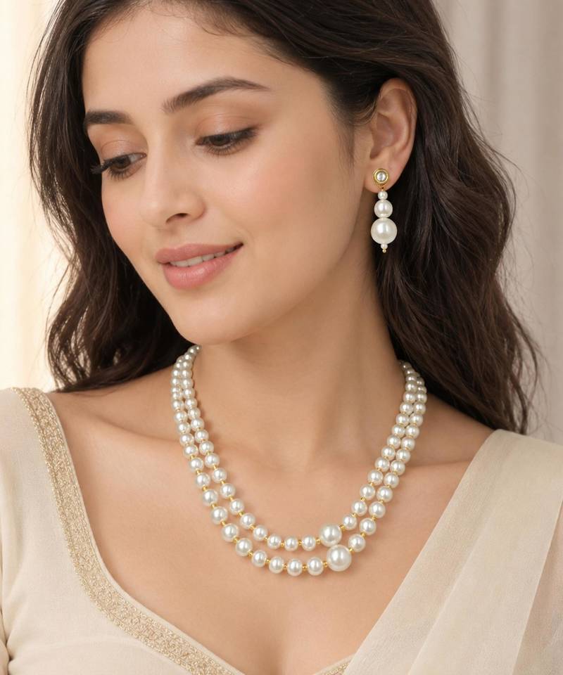 White color necklace set with earrings, moti & agate stone, gold plated