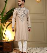 Cream sequence floral viscose silk kurta pyjama set for men | designer kurta for men
