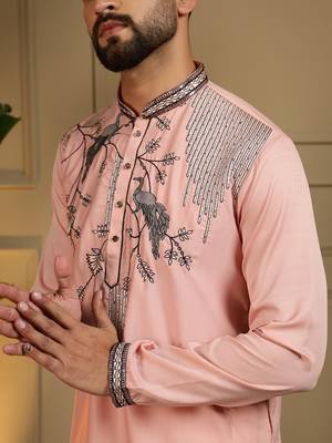 Peach sequence floral viscose silk kurta pyjama set for men | designer kurta for men 5