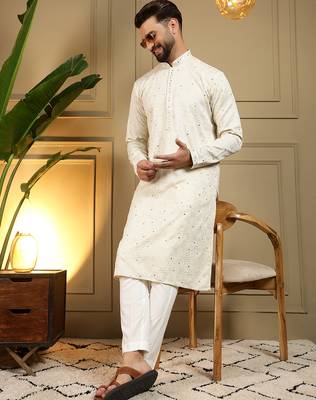 White sequence floral silk kurta pyjama set for men | designer kurta for men 2