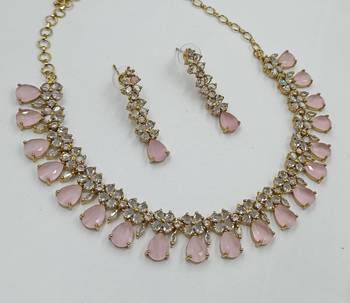 Baby pink ad stone & agate stone necklace set with earrings, antique gold plated 2