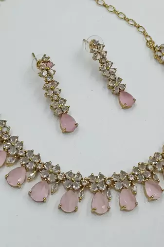 Baby pink ad stone & agate stone necklace set with earrings, antique gold plated