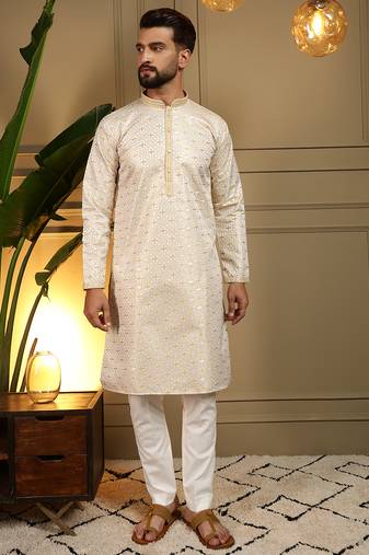Yellow geometric jacquard silk kurta pyjama set for men | designer kurta for men