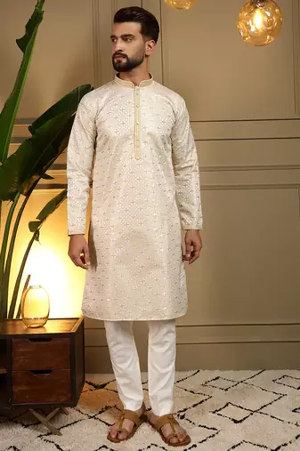 Yellow geometric jacquard silk kurta pyjama set for men | designer kurta for men