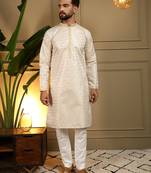Yellow geometric jacquard silk kurta pyjama set for men | designer kurta for men