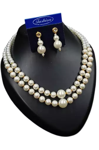 White color necklace set with earrings, moti & agate stone, gold plated