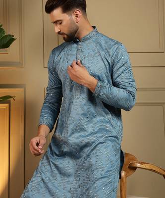 Grey sequence floral silk kurta pyjama set for men | designer kurta for men 4