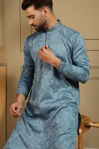 Grey sequence floral silk kurta pyjama set for men | designer kurta for men