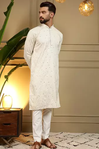 White sequence floral silk kurta pyjama set for men | designer kurta for men