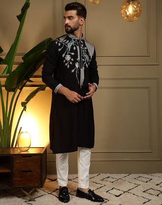 Black sequence floral viscose silk kurta pyjama set for men | designer kurta for men 3