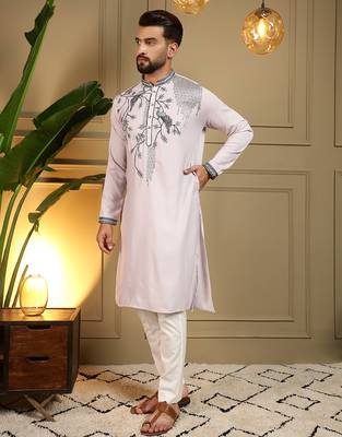 Pink sequence floral viscose silk kurta pyjama set for men | designer kurta for men 3