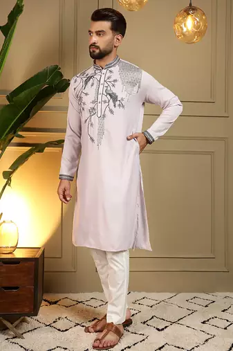 Pink sequence floral viscose silk kurta pyjama set for men | designer kurta for men
