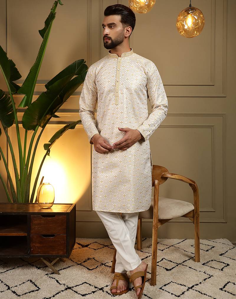Yellow geometric jacquard silk kurta pyjama set for men | designer kurta for men