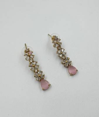 Baby pink ad stone & agate stone necklace set with earrings, antique gold plated 3
