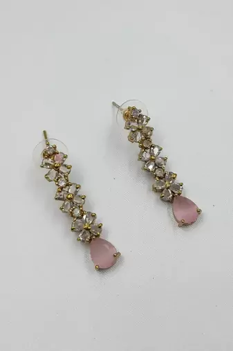 Baby pink ad stone & agate stone necklace set with earrings, antique gold plated
