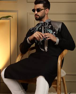 Black sequence floral viscose silk kurta pyjama set for men | designer kurta for men 4