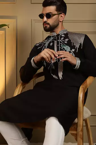 Black sequence floral viscose silk kurta pyjama set for men | designer kurta for men